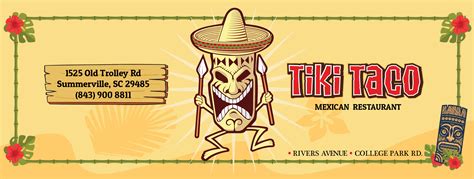 Tiki taco summerville sc - Mexican Takeout Restaurants. Best Mexican in Summerville, SC - El Patron Jr, Madres’ Mexican Restaurant, El Alteno 2, Azul Mexicano, Anejo Tacos & Tequila, Senor Tequila - Summerville, La Carreta, Tiki Taco, Taco Boy, Margarita's.